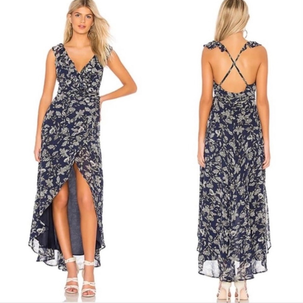 BB Dakota - Kelli Navy Blue Floral Print High-Low Wrap Dress
